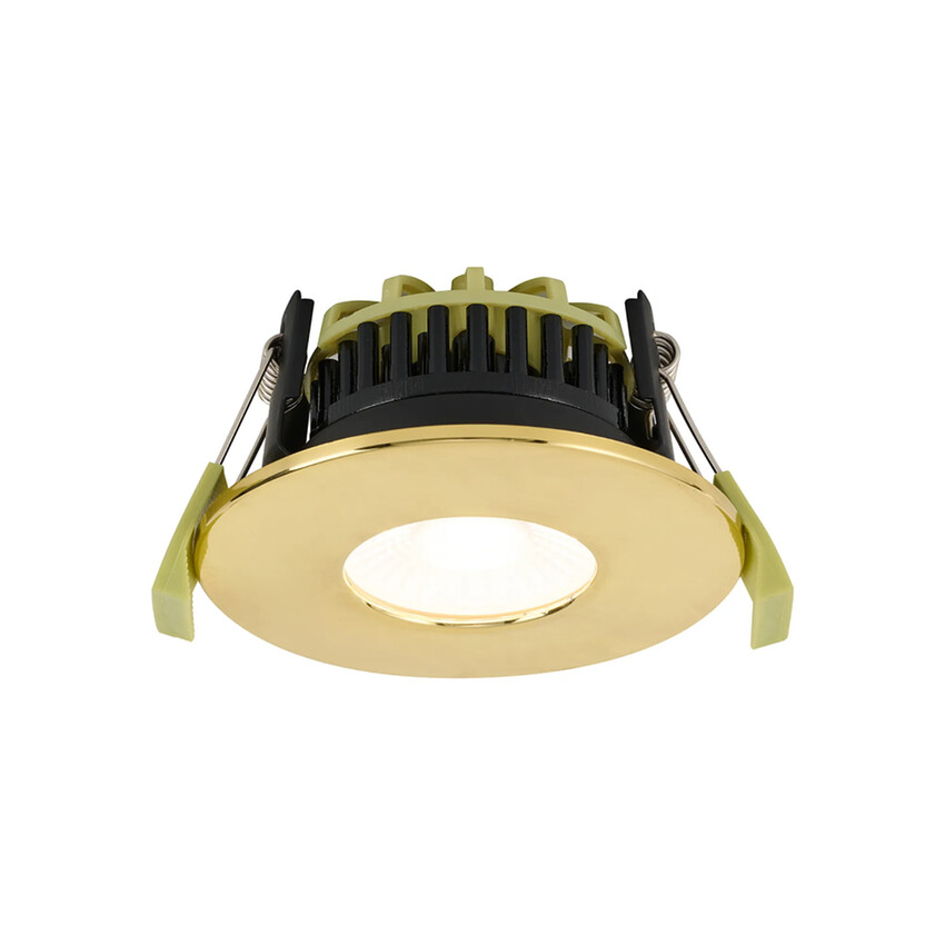 Photograph: Idolite Imre 4/6/8W: Triac Dimmable 4CCT LED Fire Rated Downlight: With Brass Fascia: Cut Out: 70mm: 400/600/800lm: 60 Deg: IP65 DRIVER INC.: 5yrs Wrnty