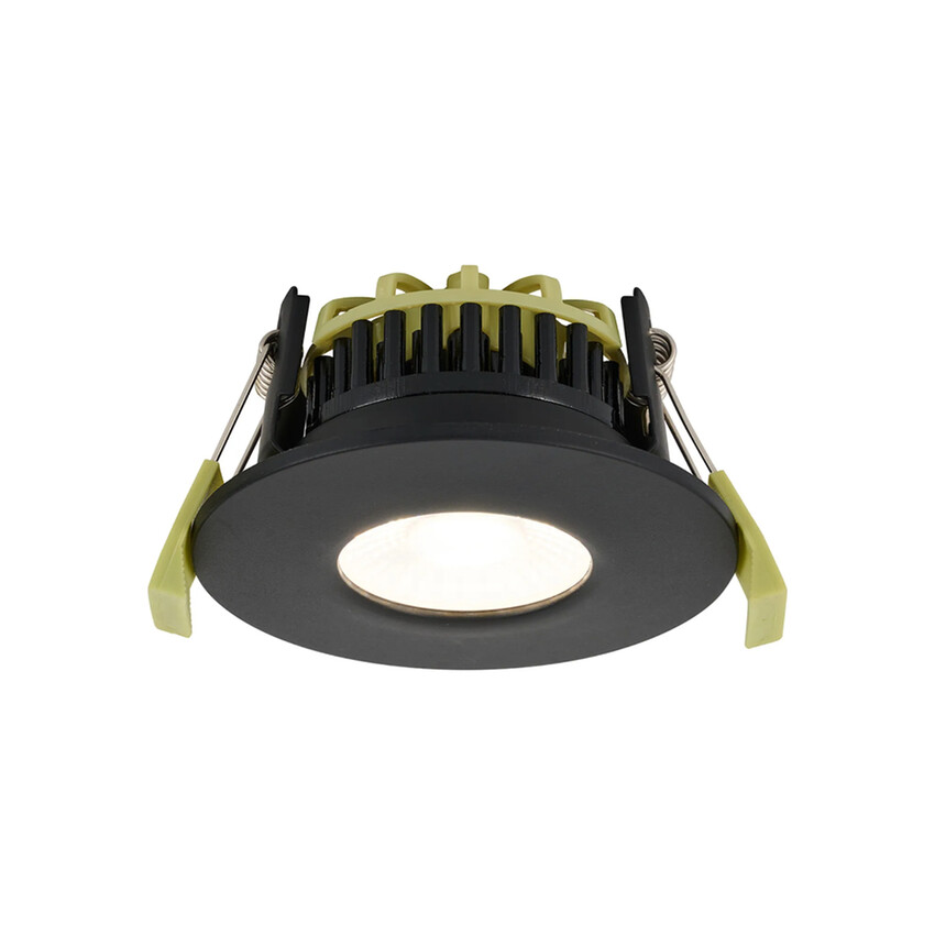 Photograph: Idolite Imre 4/6/8W: Triac Dimmable 4CCT LED Fire Rated Downlight: With Matt Black: Cut Out: 70mm: 400/600/800lm: 60 Deg: IP65 DRIVER INC.: 5yrs Wrnty