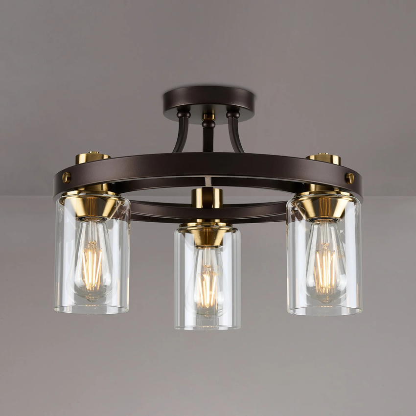 Photograph: Idolite Karakoram 3 Light Semi Flush Brown Oxide Ceiling Light Complete With Clear Glasses