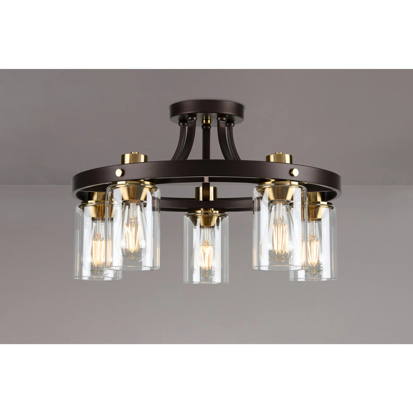 Photograph: Idolite Karakoram 5 Light Semi Flush Brown Oxide Ceiling Light Complete With Clear Glasses