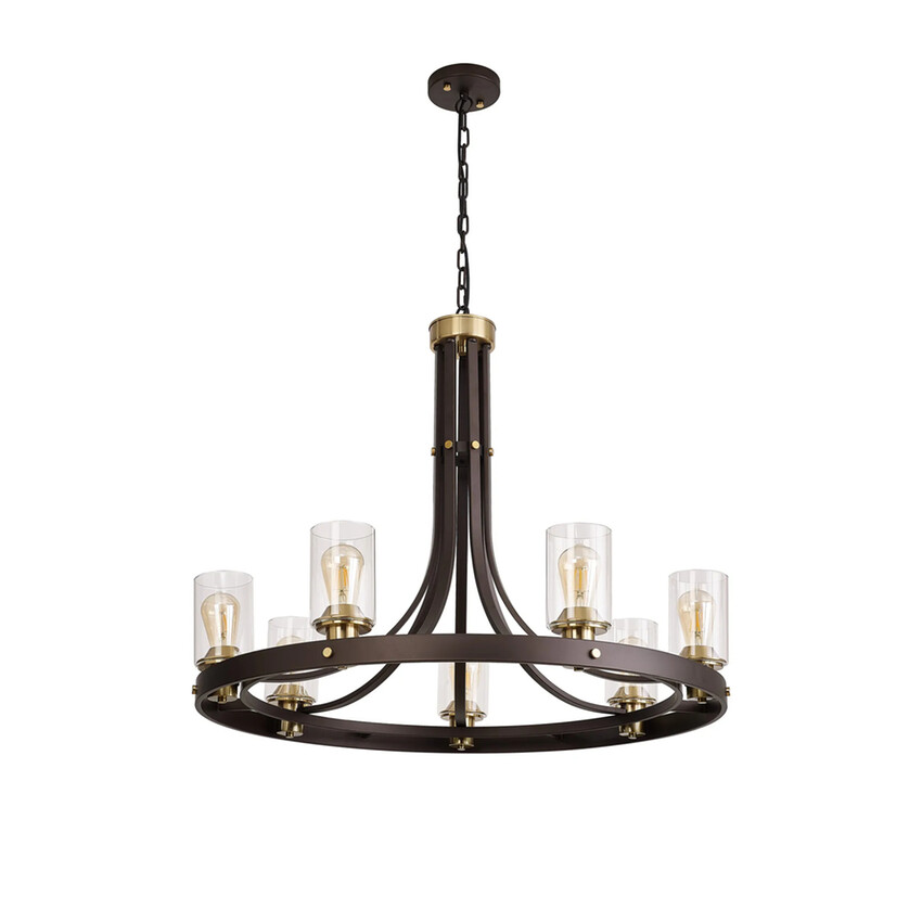 Photograph: Idolite Karakoram 7 Light Brown Oxide/Gold Bronze Finish Ceiling Pendant Light Complete With Clear Glasses