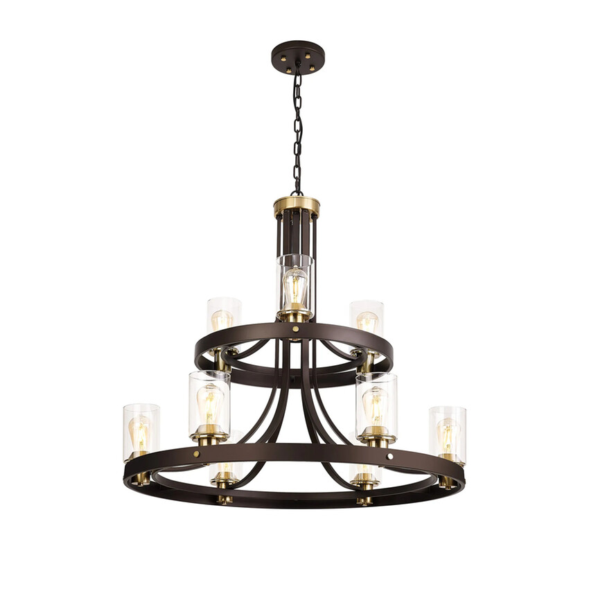 Photograph: Idolite Karakoram 9 Light Two-Tier Brown Oxide/Gold Bronze Finish Ceiling Pendant Light Complete With Clear Glasses