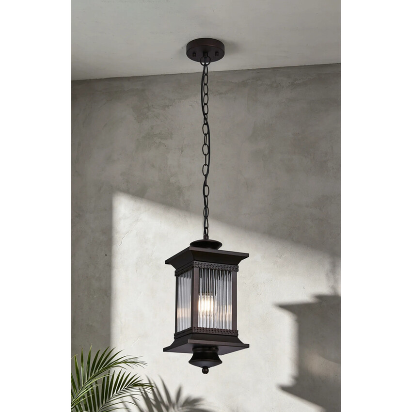 Photograph: Idolite Lichfield Oil Rubbed Brass Finish Exterior Pendant Lamp Complete With Clear Lined Glass - IP54