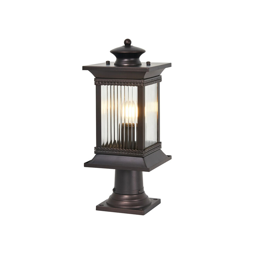 Photograph: Idolite Lichfield Oil Rubbed Brass Finish Exterior Post Lamp Complete With Clear Lined Glass - IP54