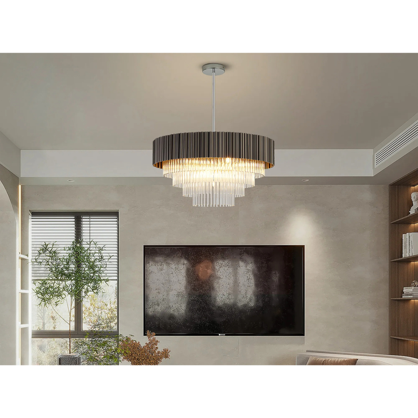 Photograph: Idolite Lumi Fixed Pendant: 11 Light G9: Oxidised Coffee/Polished Chrome/Clear Glass