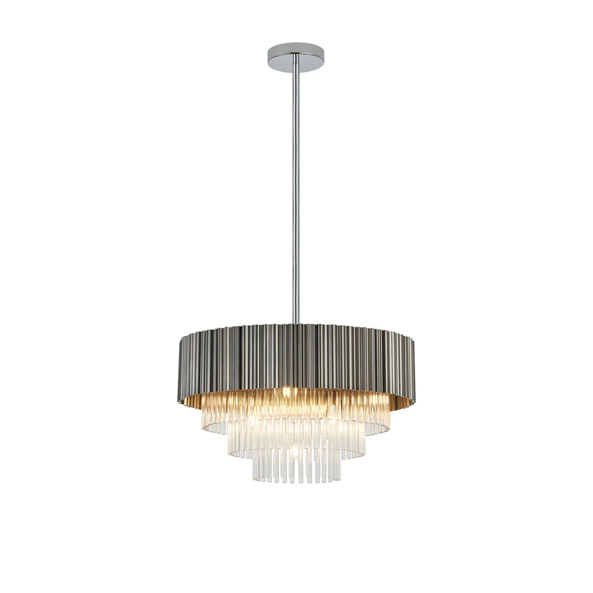 Photograph: Idolite Lumi Fixed Pendant: 9 Light G9: Oxidised Grey/Polished Chrome/Clear Glass
