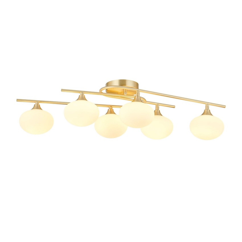 Photograph: Idolite Lynch Satin Brass Flush 6 Light Bathroom Ceiling Light Complete With Opal Glasses - IP44