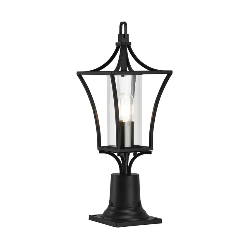 Photograph: Idolite Nantwich Downward Facing Black Curved Frame Outdoor Post Light Complete WIth Clear Cylindrical Glass - IP54
