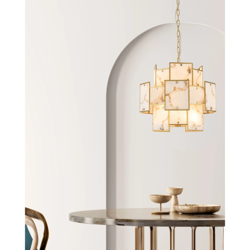Photograph: Idolite Natron 45cm Round Pendant/Semi Flush Faux Alabaster: 7 x E14: 1m Chain: Gold/Brown
