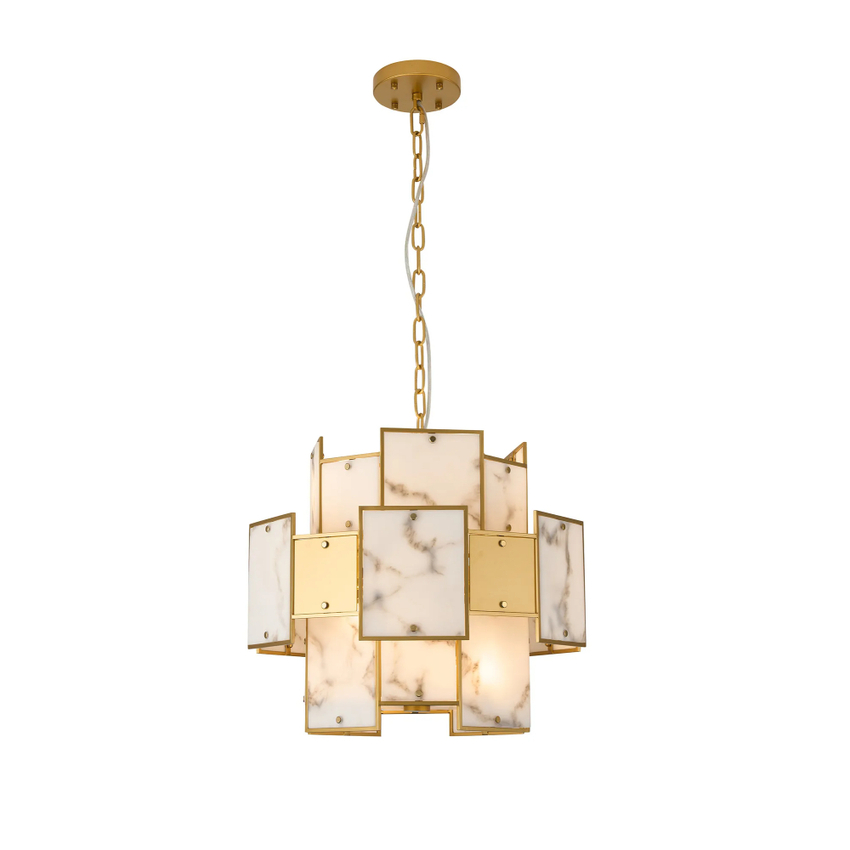Photograph: Idolite Natron 45cm Round Pendant/Semi Flush Faux Alabaster & Metal: 7 x E14: 1m Chain: Gold/Grey
