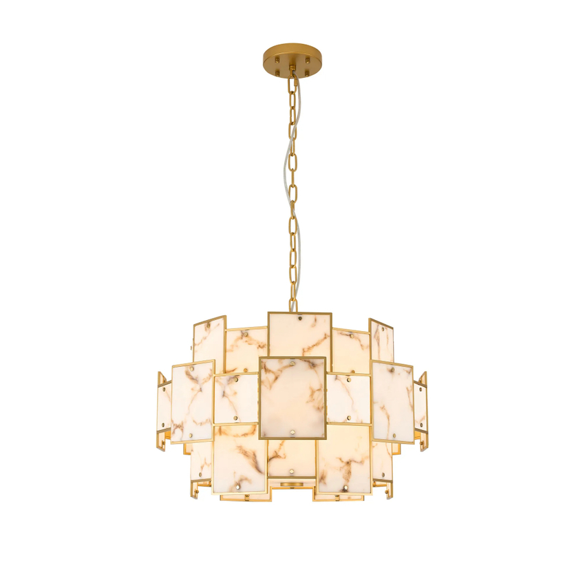 Photograph: Idolite Natron 59cm Round Pendant/Semi Flush Faux Alabaster: 12 x E14: 1.5m Chain: Gold/Brown