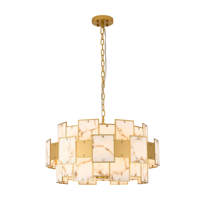 Photograph: Idolite Natron 74cm Round Pendant/Semi Flush Faux Alabaster & Metal: 17 x E14: 2m Chain: Gold/Brown