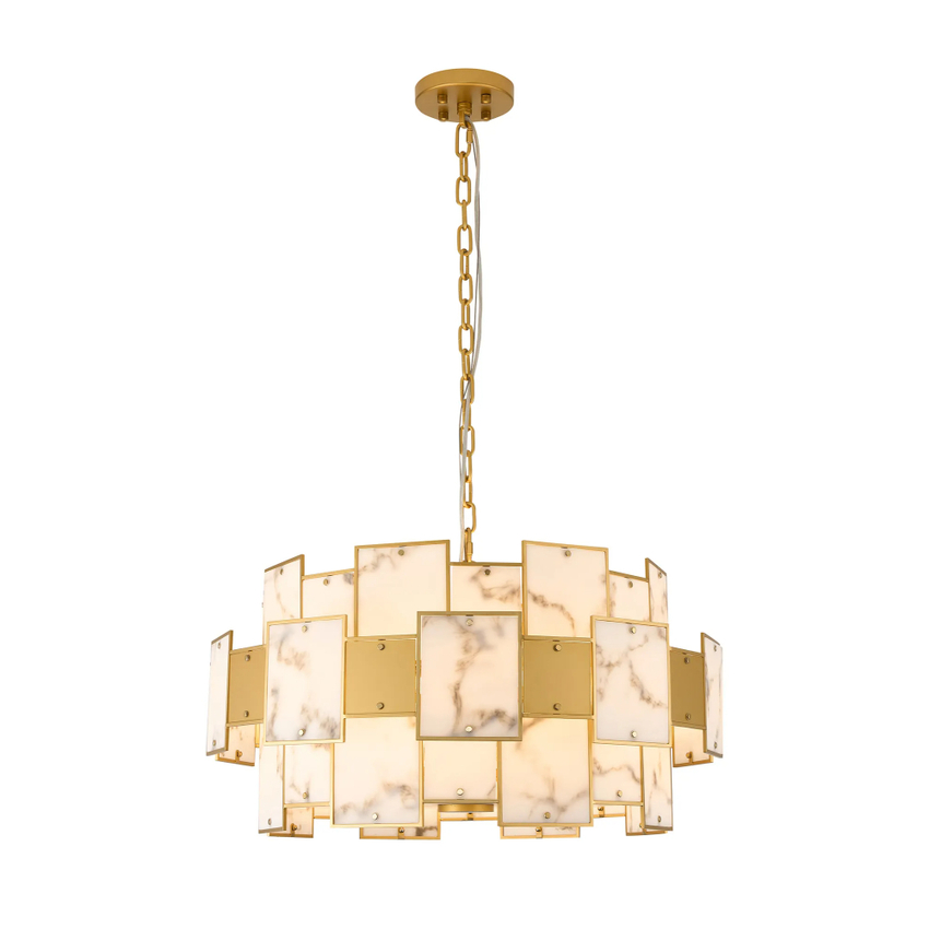 Photograph: Idolite Natron 74cm Round Pendant/Semi Flush Faux Alabaster & Metal: 17 x E14: 2m Chain: Gold/Grey