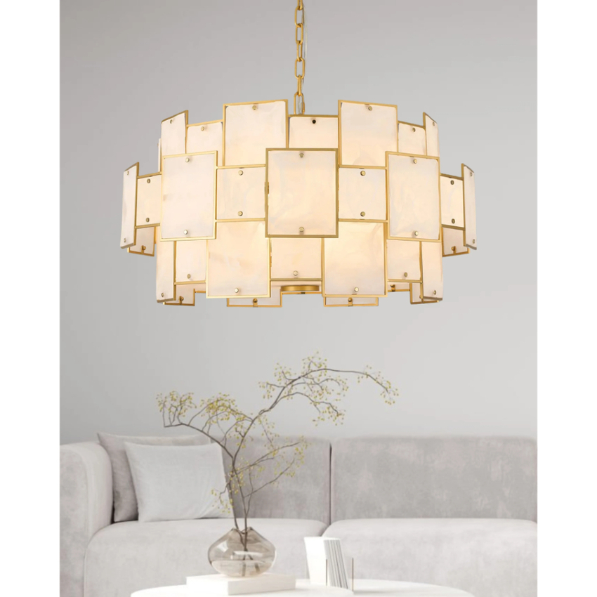 Photograph: Idolite Natron 74cm Round Pendant/Semi Flush White Glass Alabaster: 17 x E14: 2m Chain: Gold/White Frosted