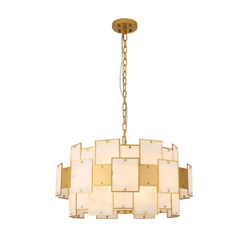 Photograph: Idolite Natron 74cm Round Pendant/Semi Flush White Glass Alabaster & Metal: 17 x E14: 2m Chain: Gold/White Frosted