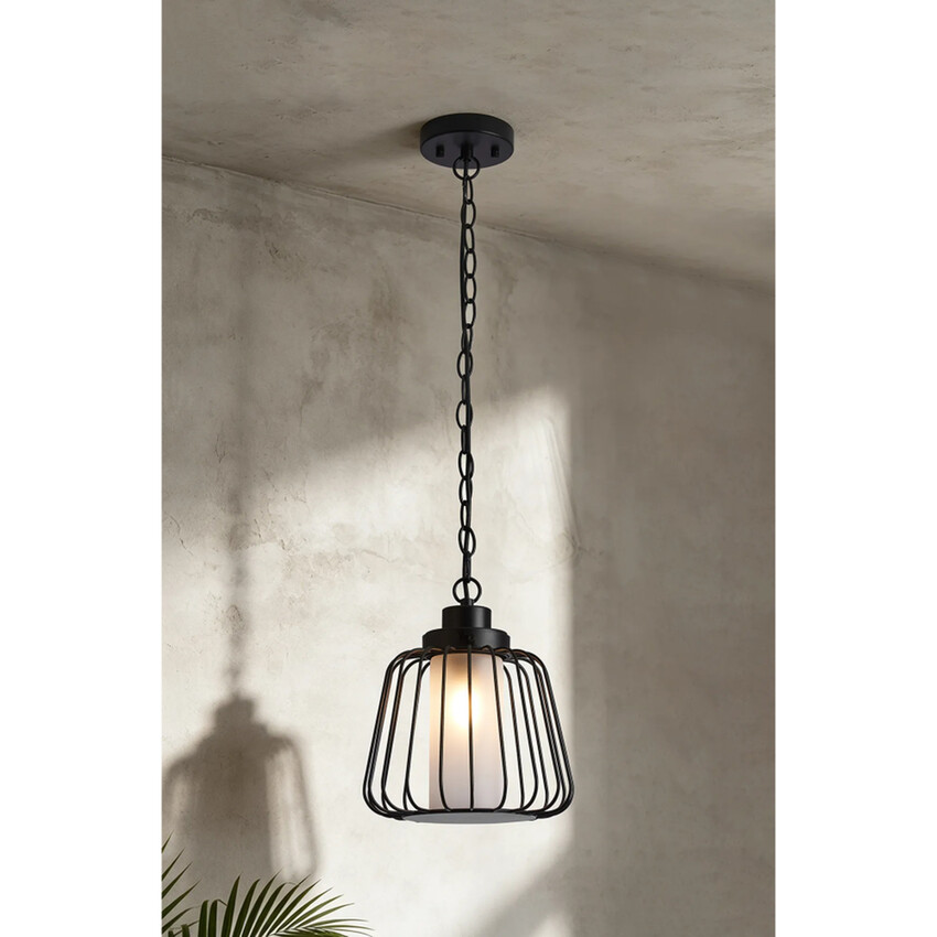 Photograph: Idolite Newport Black Wire Cage Exterior Pendant Light Complete With Frosted Glass - Ip54