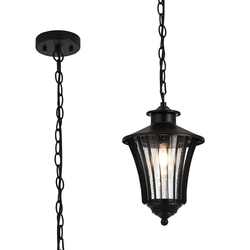 Photograph: Idolite Northwich Ribbed Curved Frame Rectangular Outdoor Pendant Light In Black Complete With Seeded Clear Glass - IP54