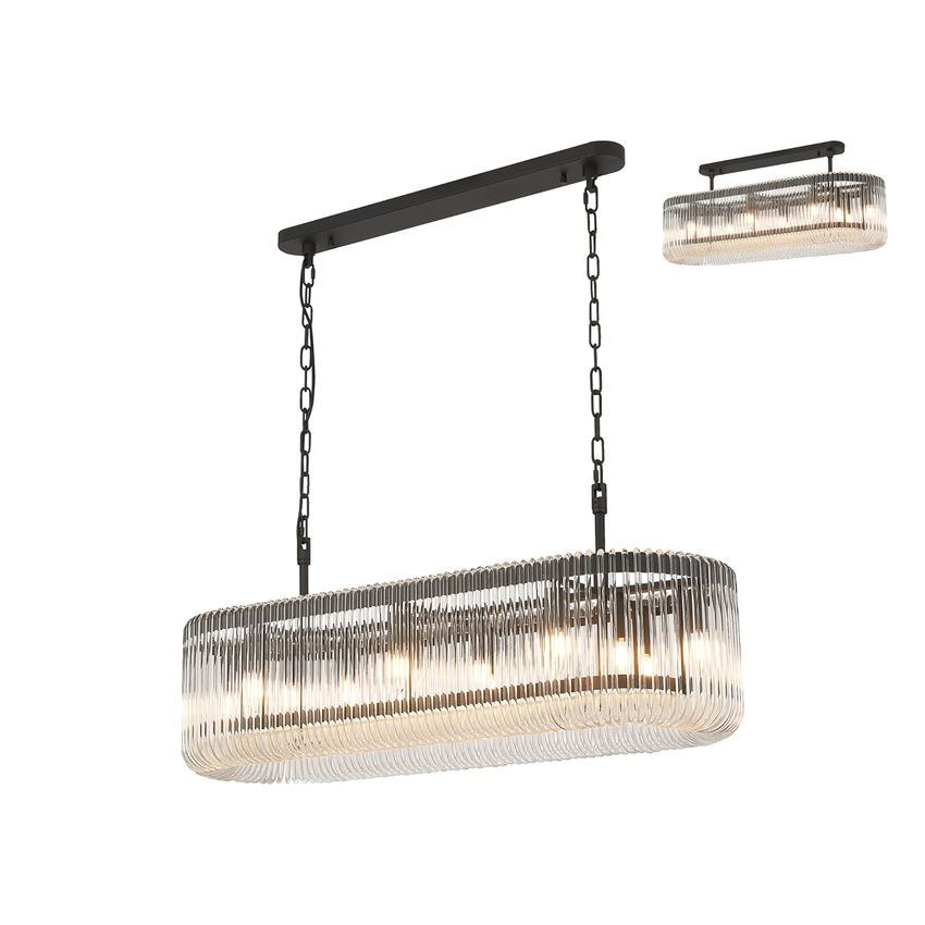 Photograph: Idolite Nuboda 100 x 35cm 14 Light Linear Oval Pendant Black With Clear Glass Rods