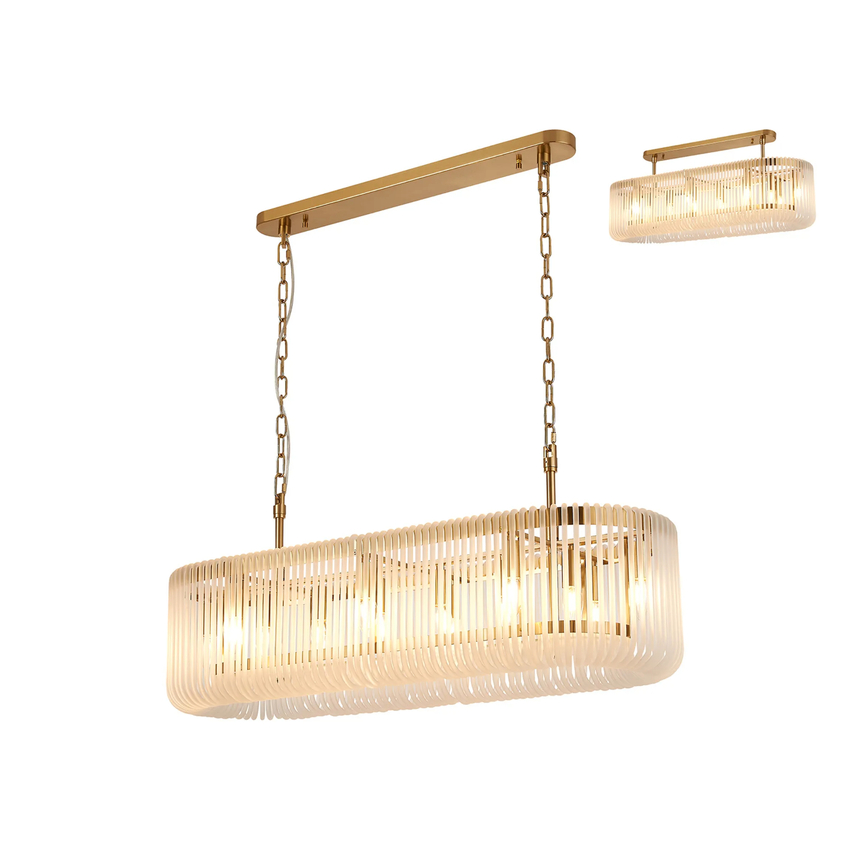 Photograph: Idolite Nuboda 100 x 35cm 14 Light Linear Oval Pendant Brass With Frosted Glass Rods