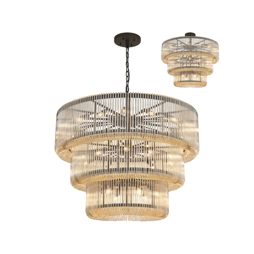 Photograph: Idolite Nuboda 100cm 32 Light 3 Tier Pendant Black With Smoke Brown Glass Rods