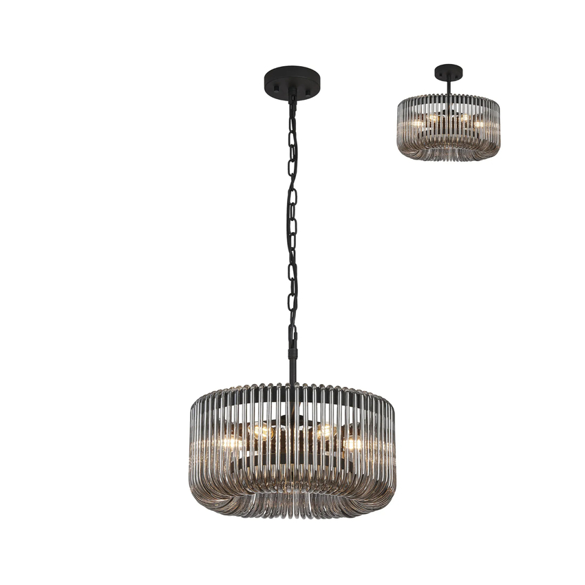 Photograph: Idolite Nuboda 40cm 6 Light Pendant In Black Ceiling Light Complete With Smoke Glass Rods