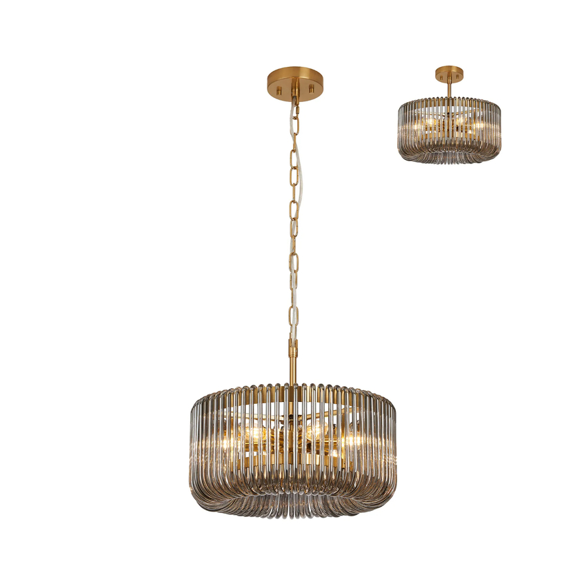 Photograph: Idolite Nuboda 40cm 6 Light Pendant In Brass Ceiling Light Complete With Smoke Glass Rods
