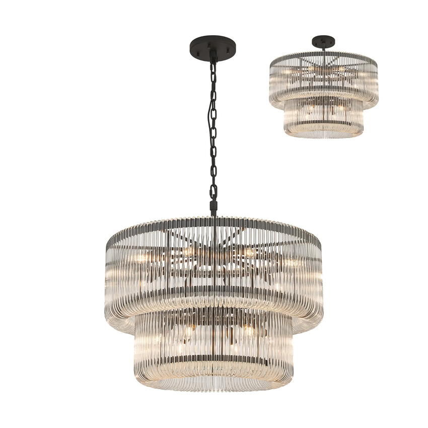 Photograph: Idolite Nuboda 78cm 16 Light 2 Tier Pendant Black With Clear Glass Rods
