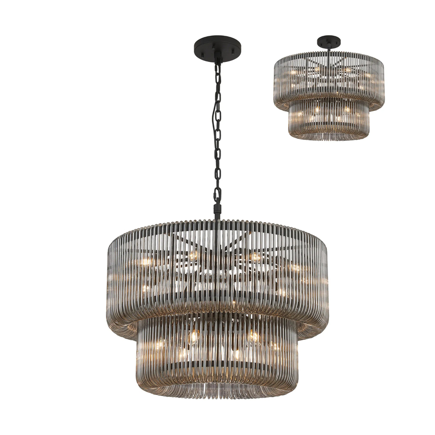 Photograph: Idolite Nuboda 78cm 16 Light 2 Tier Pendant Black With Smoke Glass Rods