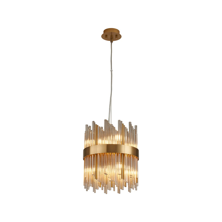 Photograph: Idolite Ohird 26cm Brass And Cognac 6 Light Round Glass Pendant Light