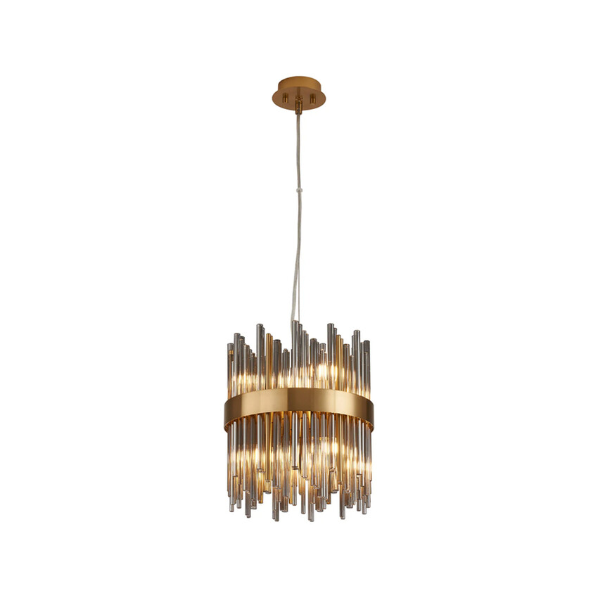 Photograph: Idolite Ohird 26cm Brass And Smoke 6 Light Round Glass Pendant Light