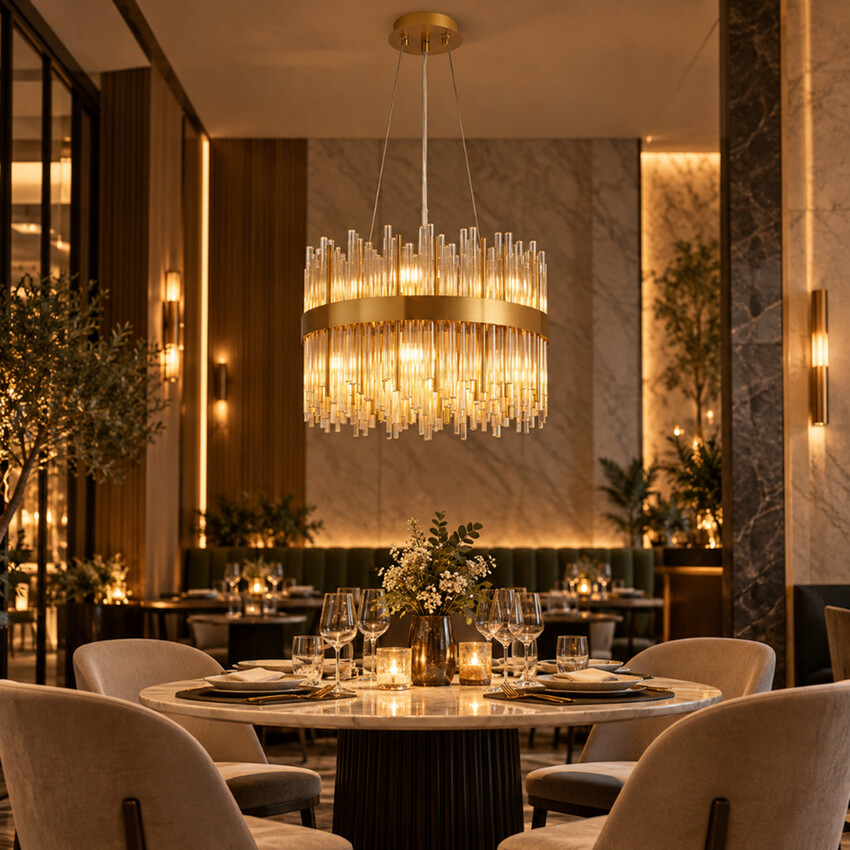 Photograph: Idolite Ohird 40cm Brass And Cognac 6 Light Round Glass Pendant Light