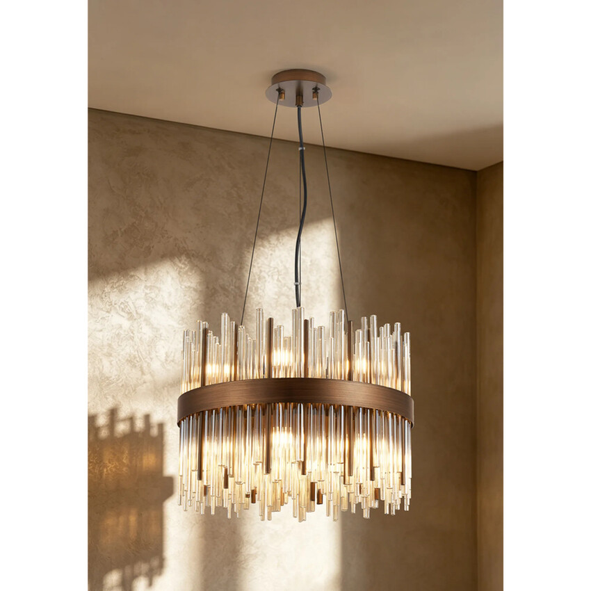 Photograph: Idolite Ohird 40cm Painted Matt Bronze And Cognac 6 Light Round Glass Pendant Light
