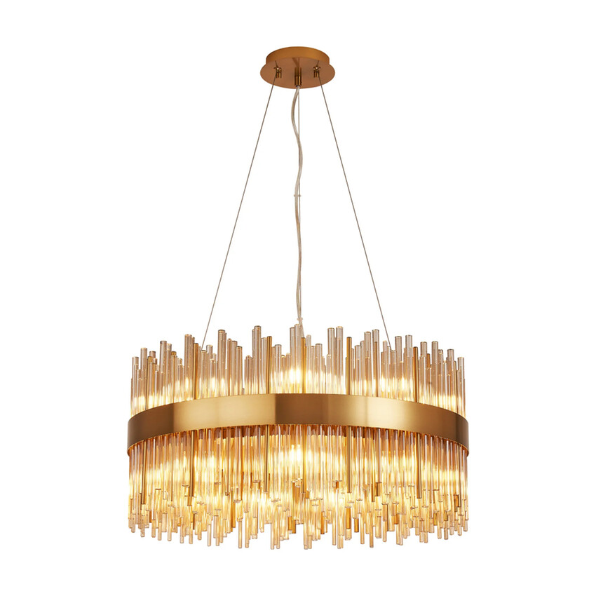 Photograph: Idolite Ohird 60cm Brass And Cognac 6 Light Round Glass Pendant Light