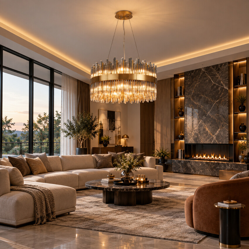 Photograph: Idolite Ohird 60cm Brass And Smoke 6 Light Round Glass Pendant Light