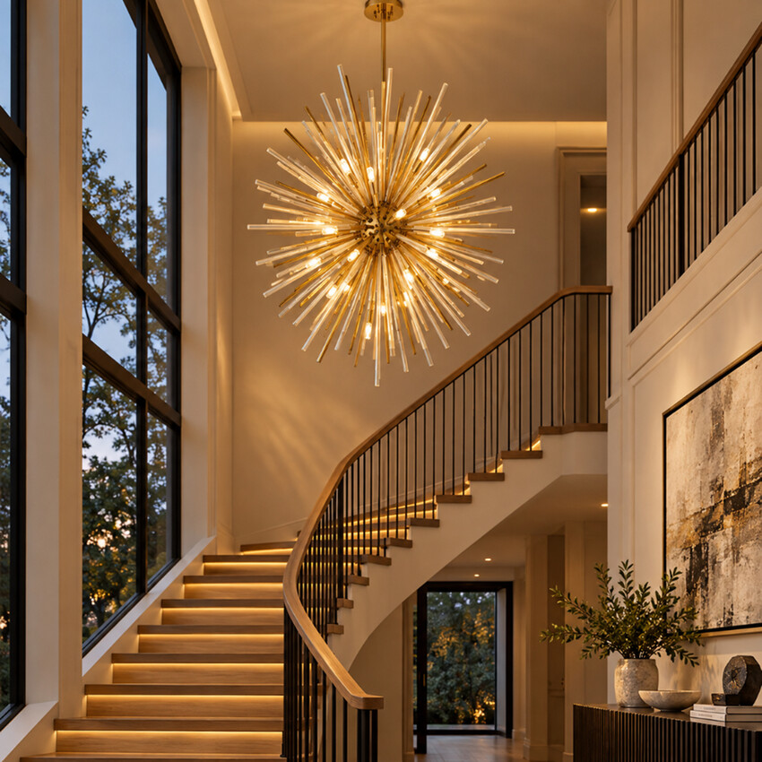 Photograph: Idolite Ohird 80cm Brass And Cognac 24 Light Vertical  Sputnik Glass Pendant Light