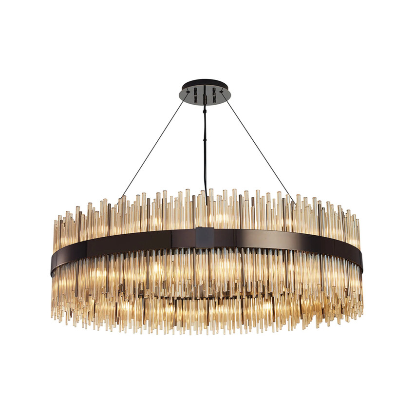 Photograph: Idolite Ohird Large 100cm Black Chrome And Cognac 30 Light Round Glass Pendant Light