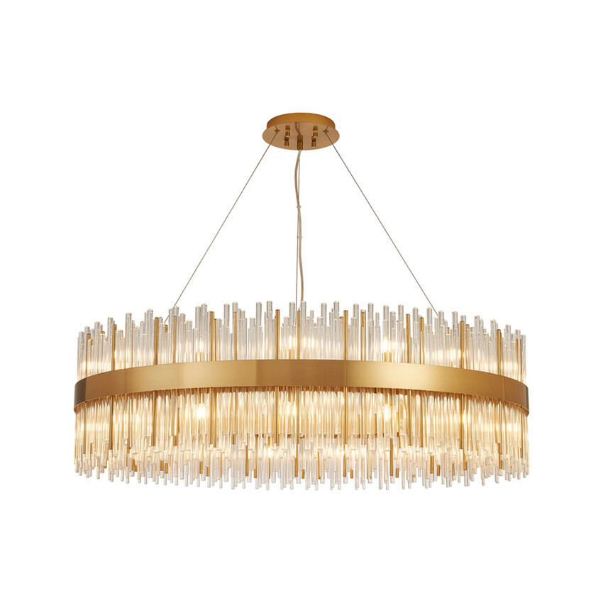 Photograph: Idolite Ohird Large 100cm Brass And Clear 30 Light Round Glass Pendant Light