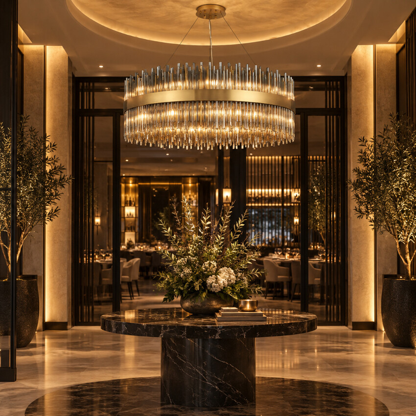 Photograph: Idolite Ohird Large 100cm Brass And Smoke 30 Light Round Glass Pendant Light