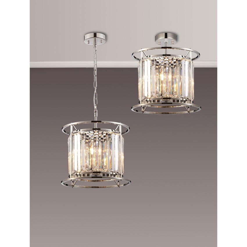 Photograph: Idolite Petra 3 Light Pendant/Semi-Flush Ceiling Light Polished Nickel With Clear Crystal