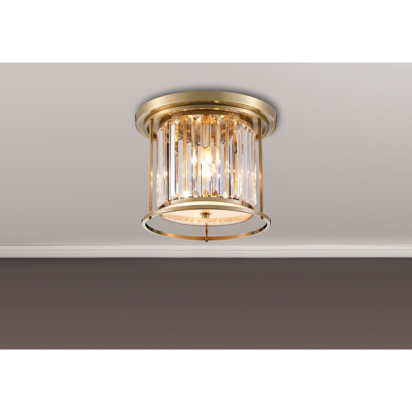 Photograph: Idolite Petra 3 Light Round Flush Ceiling Light Antique Brass With Clear Crystal