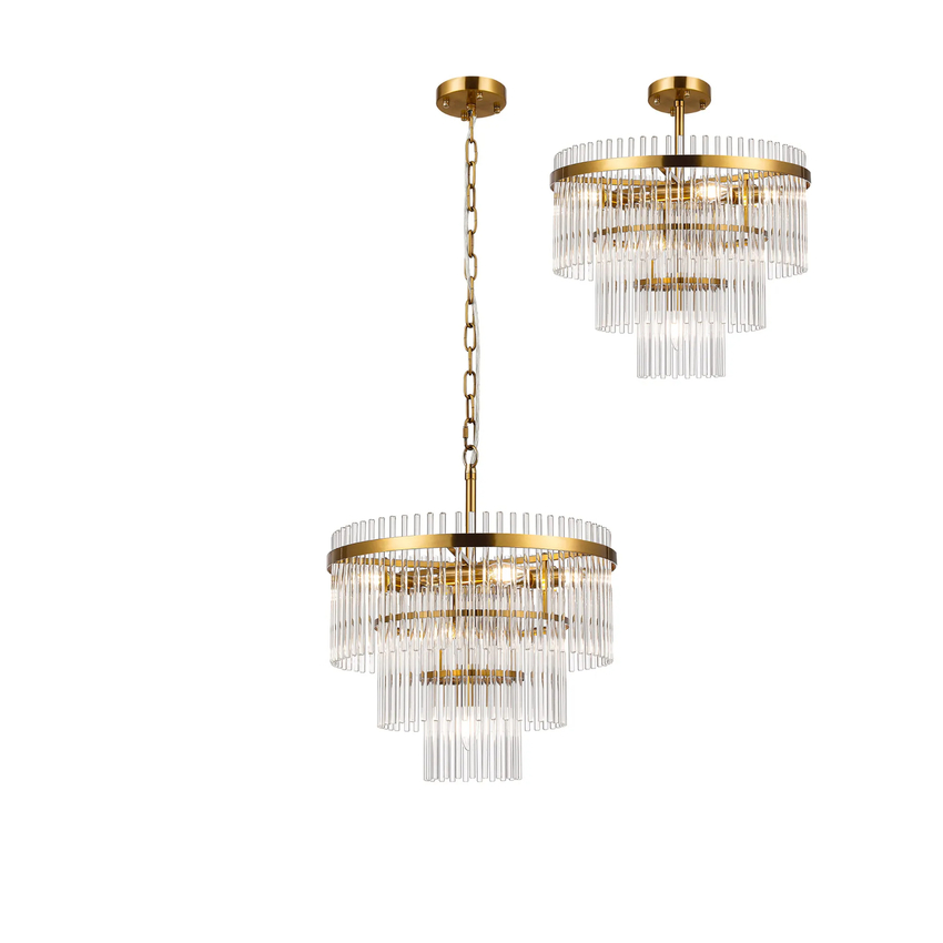 Photograph: Idolite Ronan 45cm Pendant/Semi Ceiling 7 Light E14, Brass/Clear Glass Rods