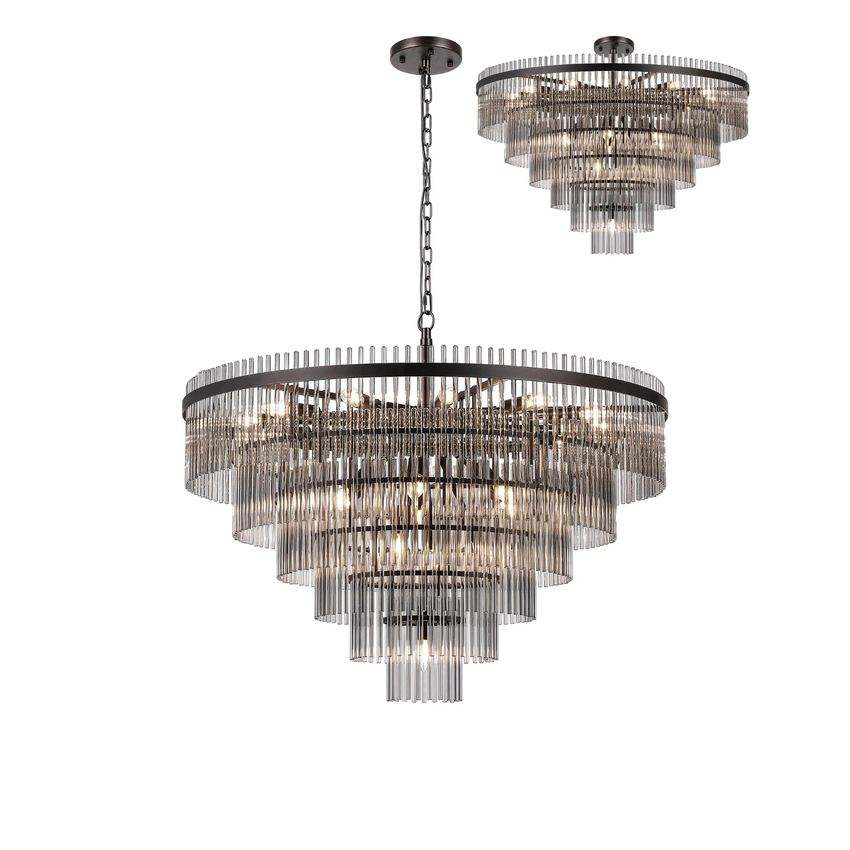 Photograph: Idolite Ronan 96cm Pendant/Semi Ceiling 22 Light E14, Brown Oxide/Smoke Glass Rods