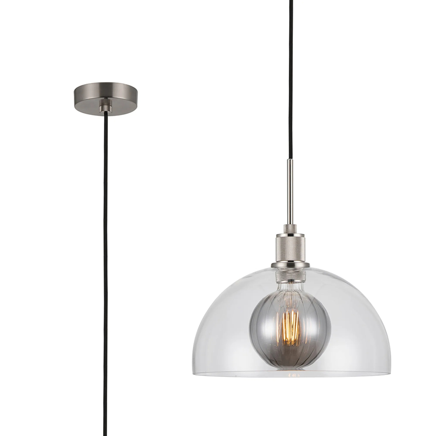 Photograph: Idolite Rumi Satin Nickel Knurled Pendant Light With Clear Dome Shade