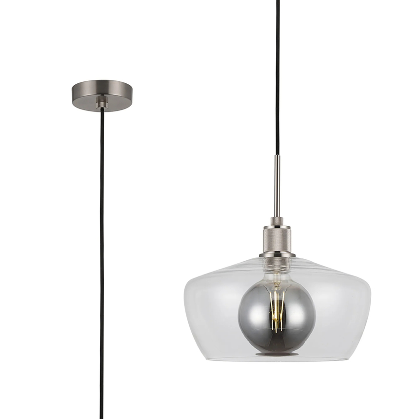 Photograph: Idolite Rumi Satin Nickel Knurled Pendant Light With Clear Trapezium Shade