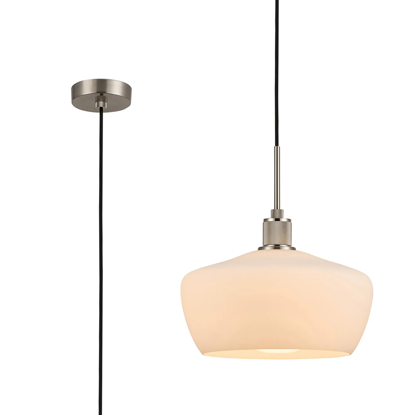 Photograph: Idolite Rumi Satin Nickel Knurled Pendant Light With Opal Trapezium Shade