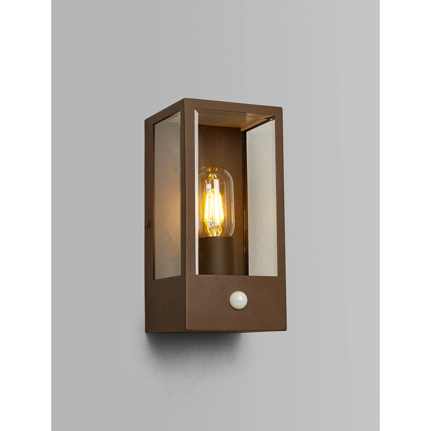 Photograph: Idolite Sannee Rectangular PIR Wall Lamp 1 Light IP44 Dark Brown/Clear