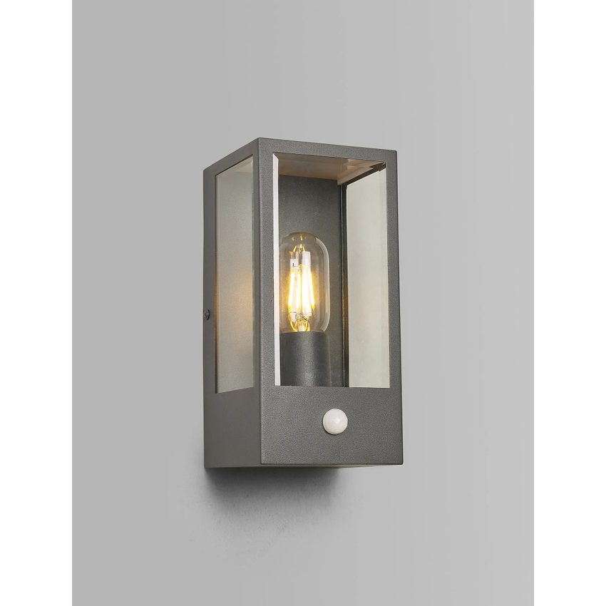 Photograph: Idolite Sannee Rectangular PIR Wall Lamp 1 Light IP44 Dark Grey/Clear
