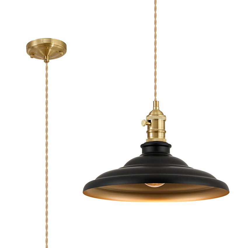 Photograph: Idolite Sejal 35cm 1 Light Braided Pendant: Round Tiered Metal Shade: Brass/Pale Gold/Matt Black/Gold