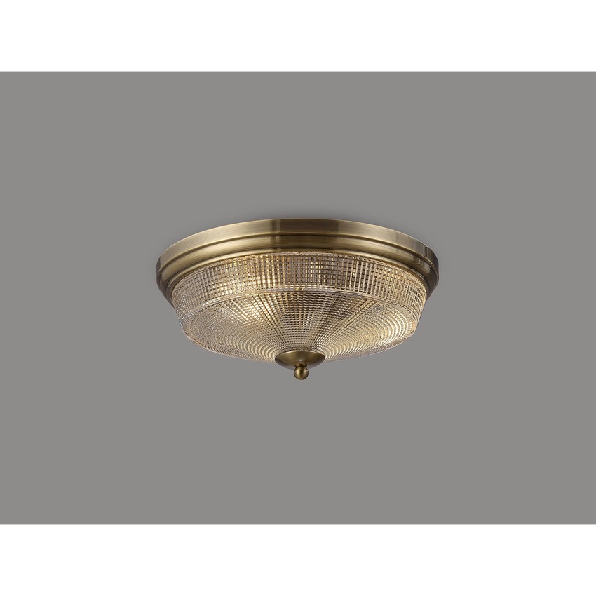 Photograph: Idolite Sheridan Antique Brass 2 Light Flush Ceiling Light Complete With Prismatic Glass Shade