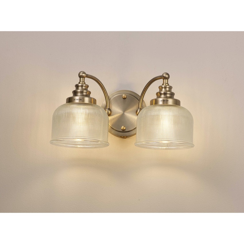 Photograph: Idolite Sheridan Antique Brass 2 Light Wall Light Complete With Prismatic Glass Shades